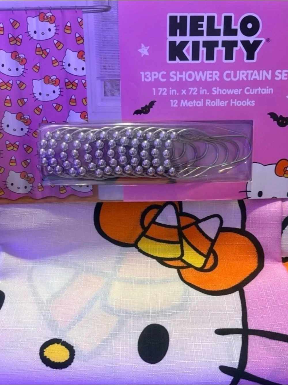 NWT Hello Kitty Candy Corn Pink Shower Curtain Set w Metal Roller Hooks & soap